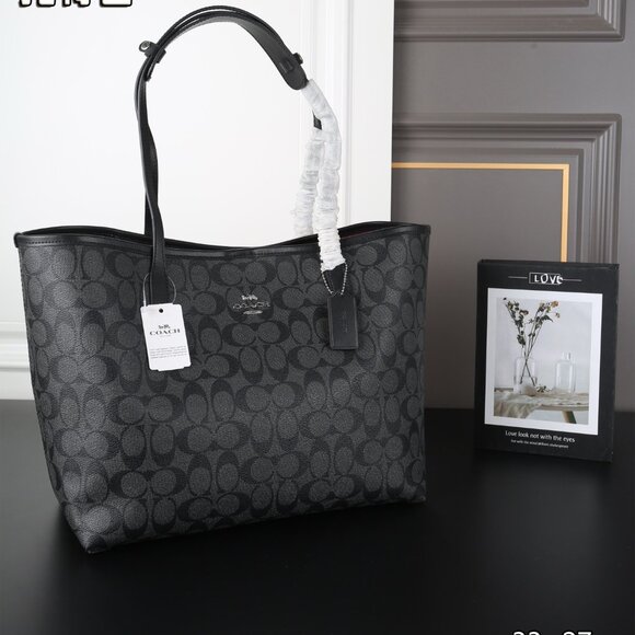 Coach Signature Canvas Leather City Tote in Black - Picture 1 of 9